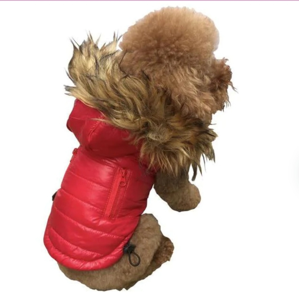 Ski Bunny Puffer Dog Coat Red With Fur Trimmed Hood Small